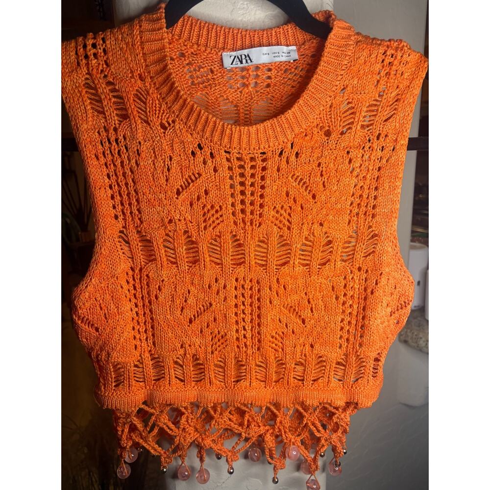 Zara Orange Crochet Knit Beaded Fringe Sleeveless Top